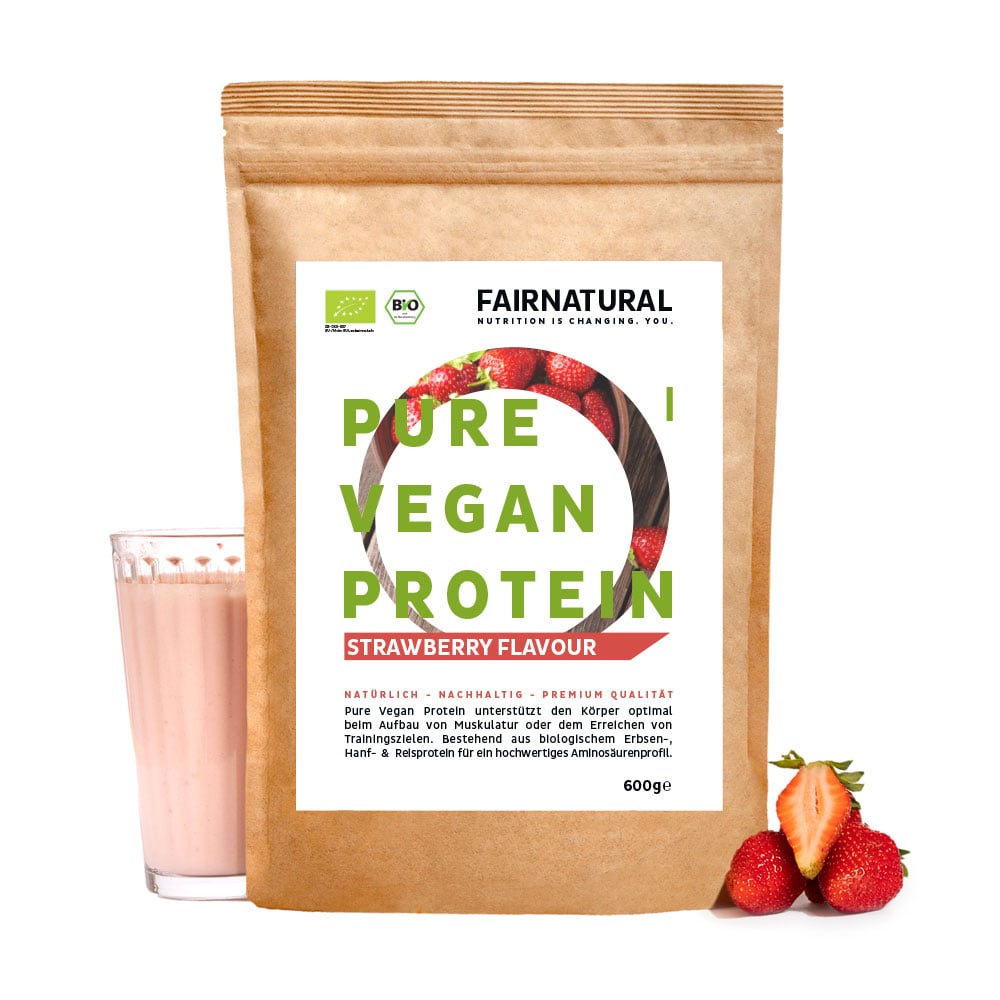Proteína vegana orgânica em pó de morango sem soja