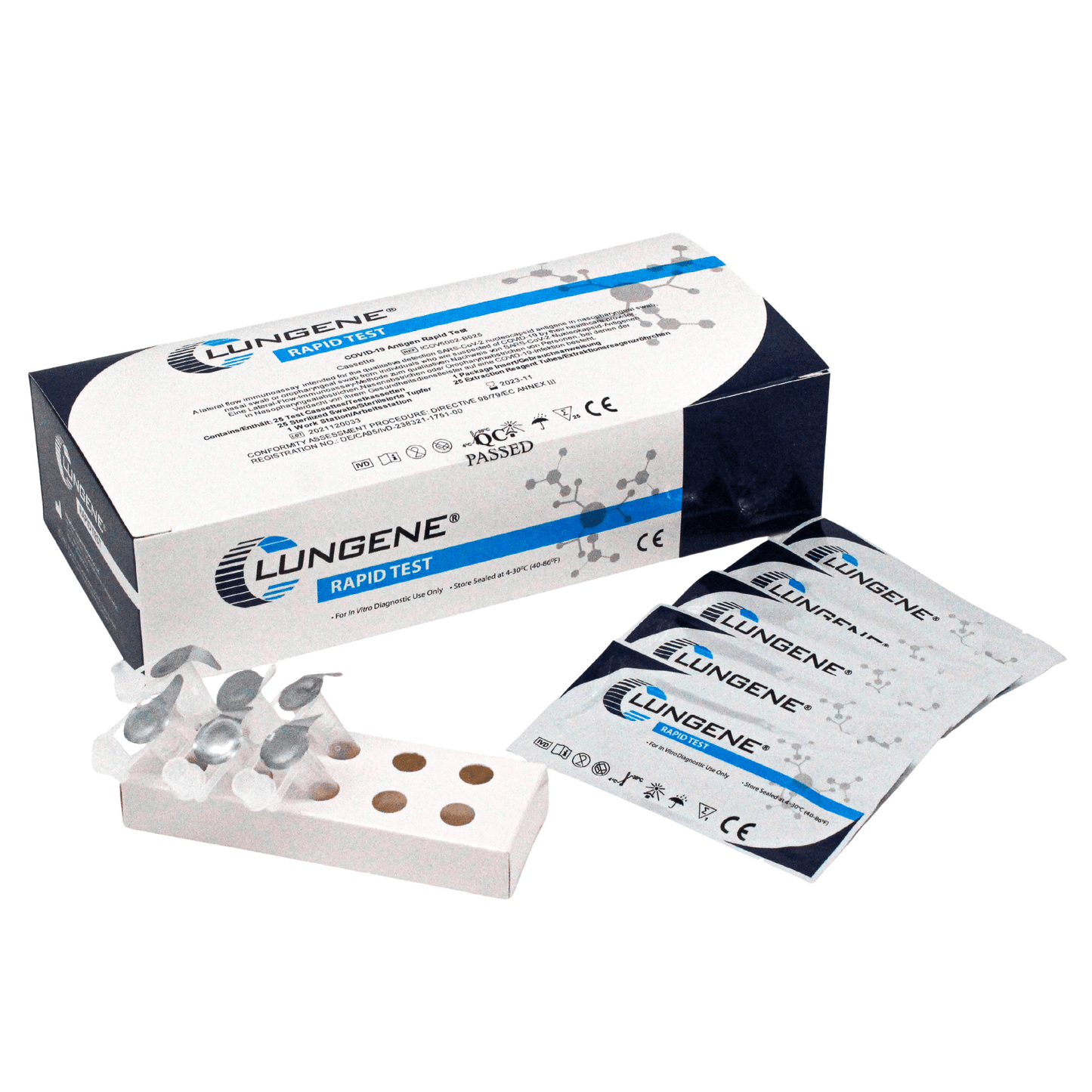 Um kit Clungene Antigen Schnelltest 25 peças AT079/20 com caixa de embalagem, cassetes de teste e uma solução tampão; marcado com os símbolos "CE" e "QC aprovado".