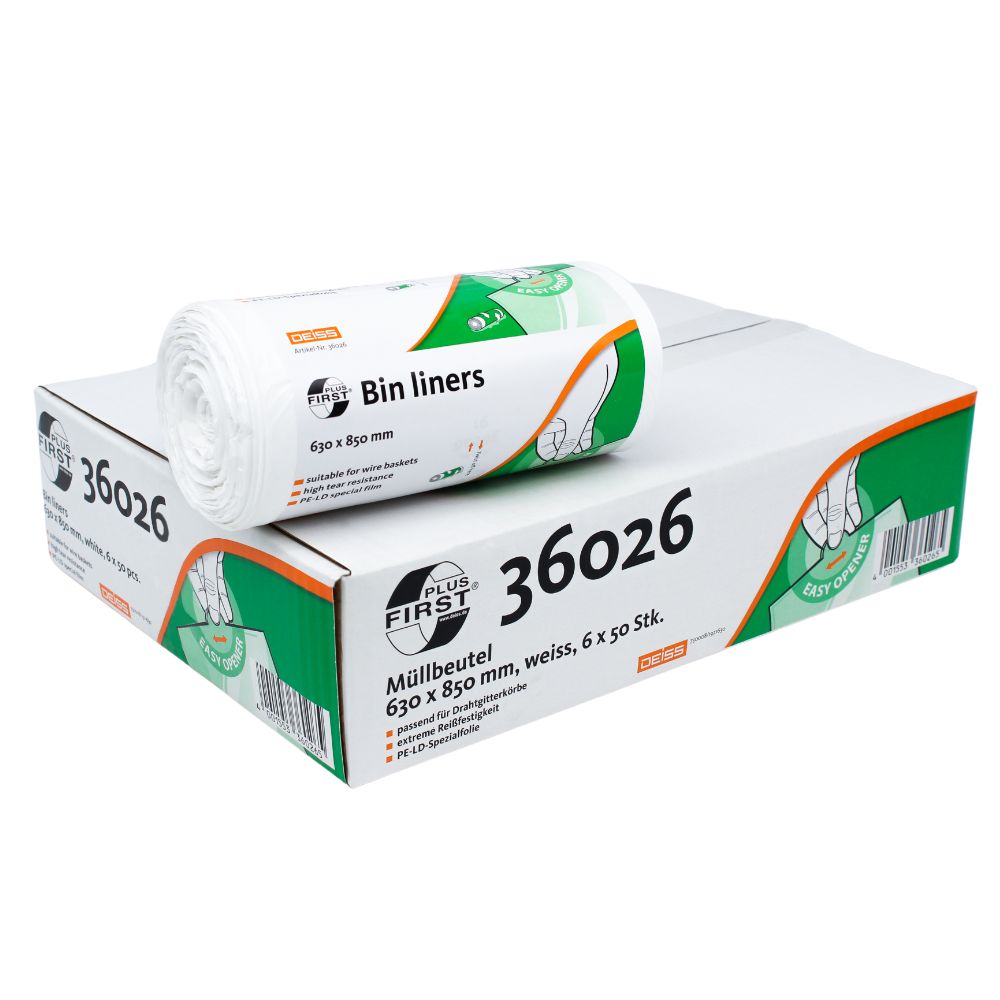 Um rolo de sacos de lixo DEISS First Plus® da EMIL DEISS KG (GmbH + Co.) está sobre uma caixa branco-verde com a inscrição "36026". Na embalagem está escrito "Premium-LDPE" em destaque, além de "63 x 85 cm, branco, 6 x 50 unid." Além disso, há um gráfico que ilustra a função Easy Opener.