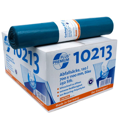 Em uma caixa com a inscrição "DEISS Premium Plus® Tipo-60 Sacos de Lixo 10213" e especificação alemã, encontram-se sacos de lixo azuis neutros em carbono feitos de material reciclado. No topo, há uma imagem de um rolo dos sacos. Os sacos têm uma capacidade de 120 litros, e a caixa contém 250 unidades. Fabricado por EMIL DEISS KG (GmbH + Co.) na Alemanha.