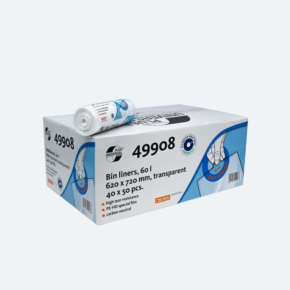 Uma caixa e um rolo de sacos de lixo transparentes DEISS Universal Plus® de 60 litros com a inscrição "49908", fabricados pela EMIL DEISS KG (GmbH + Co.). A caixa contém 40 rolos com uma capacidade de 60 litros cada e dimensões de 620 x 720 mm. A embalagem feita de HDPE destaca-se por características como alta resistência ao rasgo e neutralidade de CO2.