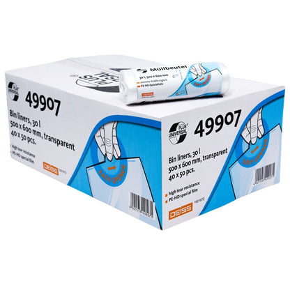 Uma caixa de sacos de lixo DEISS Universal Plus® identificada pelo código "49907" mostra um rolo menor em cima. A embalagem mostra uma mão segurando um saco transparente e resistente com capacidade de 30 litros. Mede 500 x 600 mm e contém 40 pacotes com sacos de folha especial de HDPE, cada um com 50 unidades. Este produto é da EMIL DEISS KG (GmbH + Co.).