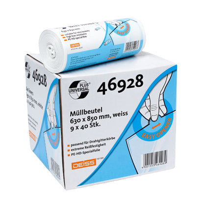 O produto é um pacote de sacos de lixo DEISS Universal Plus® 80 litros, 46928 da EMIL DEISS KG (GmbH + Co.), com um rolo compacto em cima. O saco de lixo super resistente com dimensões de 630 x 850 mm contém 40 sacos em 9 rolos e possui a função "Easy Opener", tornando-o ideal para cestos de lixo de arame.