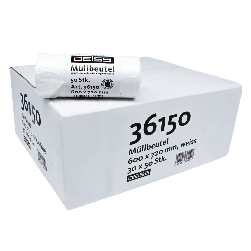 É exibido um pacote com sacos de lixo DEISS LDPE da EMIL DEISS KG (GmbH + Co.), no qual há um rolo com 50 sacos de lixo LDPE na parte superior. O tamanho da caixa está rotulado em branco com as dimensões 600 x 720 mm. O número do artigo 36150 é projetado para uma capacidade de 60 litros e oferece 30 rolos de soluções de resíduos duráveis.