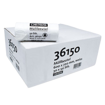 É exibido um pacote com sacos de lixo DEISS LDPE da EMIL DEISS KG (GmbH + Co.), no qual há um rolo com 50 sacos de lixo LDPE na parte superior. O tamanho da caixa está rotulado em branco com as dimensões 600 x 720 mm. O número do artigo 36150 é projetado para uma capacidade de 60 litros e oferece 30 rolos de soluções de resíduos duráveis.