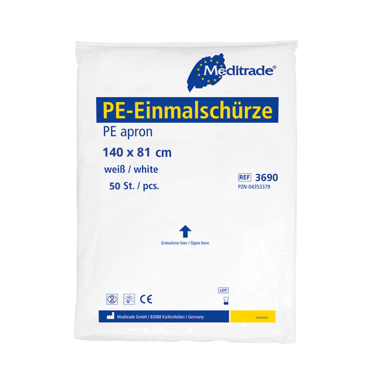 Um avental Meditrade PE Einmalschürze embalado em branco, rotulado com as dimensões "140 x 81 cm", informações do produto e o logotipo da empresa, indicando que contém Meditrade PE Einmalschürze (branco) – 100 unidades da Meditrade GmbH.