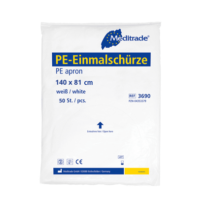 Um avental Meditrade PE Einmalschürze embalado em branco, rotulado com as dimensões "140 x 81 cm", informações do produto e o logotipo da empresa, indicando que contém Meditrade PE Einmalschürze (branco) – 100 unidades da Meditrade GmbH.