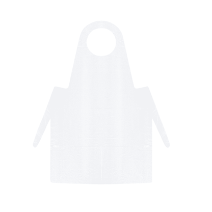 Um avental simples e liso branco feito de LDPE sem padrões ou logotipos, mostrado na vista frontal. O Meditrade PE Einmalschürze (branco) - 100 unidades possui uma alça de pescoço e duas fitas longas na cintura.