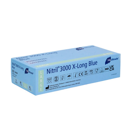 Uma caixa de Meditrade Nitril® 3000 X-Long 100 unid. luvas de nitrilo extralongas, azuis luvas de nitrilo extralongas em tamanho grande. A embalagem é azul e branca, marcada com várias certificações como CE.