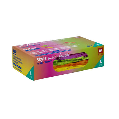 Uma caixa retangular com luvas coloridas de nitrilo AMPri Med-Comfort da AMPri Handelsgesellschaft mbH. A caixa multicolorida possui uma janela transparente, através da qual as luvas de nitrilo sem pó e resistentes a produtos químicos no interior são visíveis. O rótulo indica o tamanho L (8-9) e contém 96 luvas.