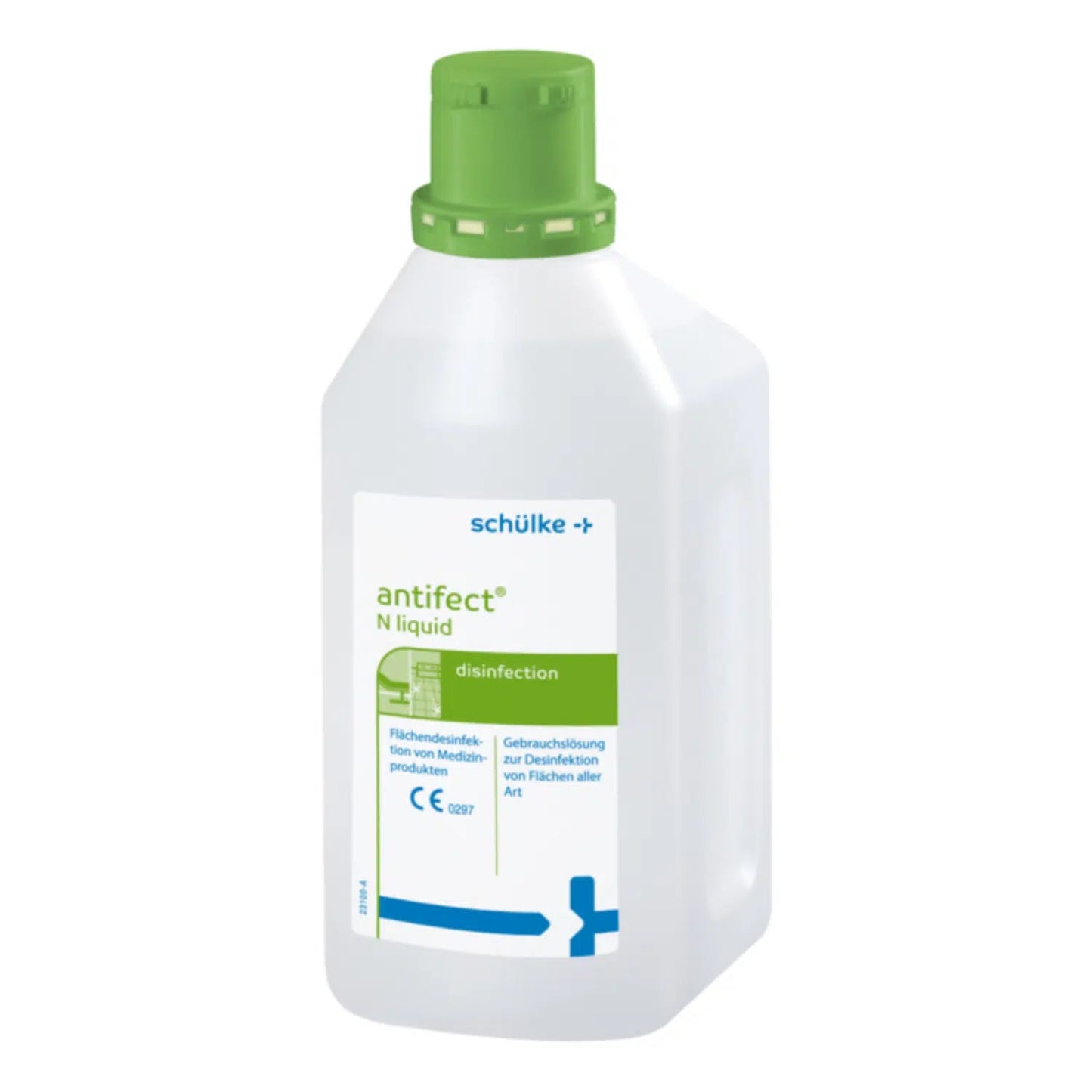Uma garrafa de plástico branco com a inscrição "Schülke antifect® N Liquid Desinfecção de Superfícies" e tampa verde, para desinfecção rápida. Contém um texto em alemão que indica o uso do produto para desinfecção.